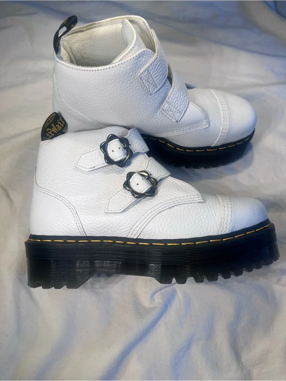 Dr. Martens White Devon Flower Buckle Platform Boots NWOT